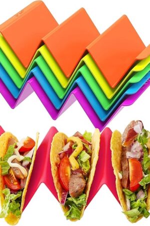 Aichoof Colorful Taco Holder Stands Set of 6 - Premium Large Tray Plates Holds Up to 3 or 2 Tacos Each, PP Health Material Very Hard and Sturdy, Dishwasher & Microwave Safe