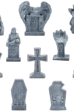 Bbiamsleep 12 Pcs Miniature Tombstones Figurine Mini Resin Tombstones Gravestone Multiple Sizes Style for Mini House Graveyard Scene Diorama Crafts Halloween Decor Accessories, Gray