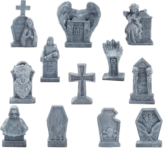 Bbiamsleep 12 Pcs Miniature Tombstones Figurine Mini Resin Tombstones Gravestone Multiple Sizes Style for Mini House Graveyard Scene Diorama Crafts Halloween Decor Accessories, Gray