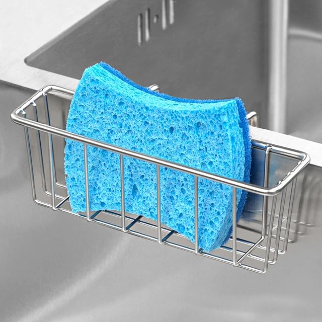 Damita Kitchen Sponge Holder Sink Caddy Brush Dish Sponge Holder Brush Dishwashing Liquid Drainer Rack Silver, Small (5.8" x 1.8" x 2.3")