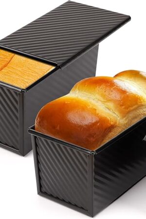 Beasea Pullman Loaf Pan with Lid, 2 Pack 1 lb Non-Stick Black Bread Loaf Pans for Homemade Bread Carbon Steel Toast Box with Cover for Bakeware Toast Oven Baking