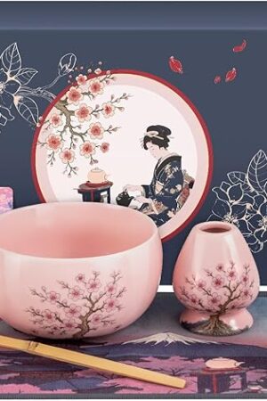8 Pcs Matcha Whisk Set, Spring Cherry Blossoms Matcha Bowl with Spout, Bamboo Whisk Holder Stand, Sifter, Matcha Starter Making Kit Tea Set for Ceremony, Gift for Matcha Lover