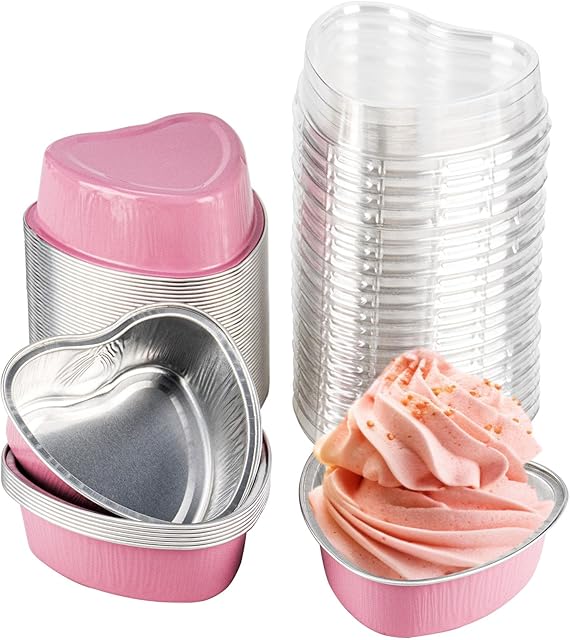 50 Pack Heart Shaped Cake Pans, Aluminum Foil Mini Disposable Heart Shape Cake Tin Set, 3.4oz/100ml Baking Cake Mold Cupcake Pans for Wedding Party Birthdays - Pink