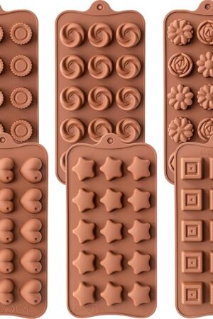 6 Pack Chocolate Molds Candy Molds Silicone, Food-Grade Non-Stick Jello Mold, Crayon Mold, Silicone Baking Mold, BPA Free, including Flower, Heart, Star, Round, Square, Whirlpool