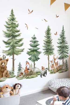 wondever Mountain Tree Wall Stickers Large Pine Tree Forest Animals Bear Deer Peel and Stick Wall Art Decals for Kids Bedroom Baby Nursery