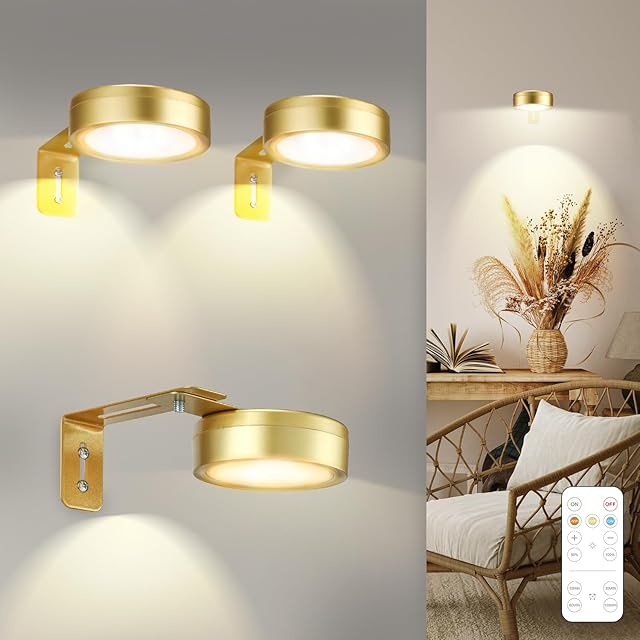 3 Pack Gold Battery Operated Picture Light, Wireless Picture Lights for Wall with Remote Dimmable Timer,3 Lighting Modes Pictures Frame Light for Artworking,Magnetic Painting Lights Wall Decor