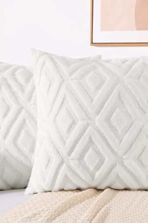 decorUhome Couch Throw Pillow Covers 18x18 Set of 2, Decorative Soft Plush Faux Wool Neutral Accent Pillow Covers for Bed Sofa Living Room, Cream White