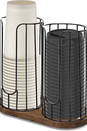 2-Compartment 18oz Coffee Cup Dispenser Rack with Wood Base, Disposable Cup, and Lid Organizer for Countertop - Perfect for Paper Cups, and Lid Organizer