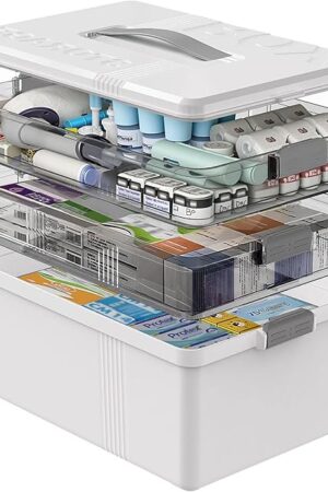 3 Tier Medicine Cabinet Organizer Large Capacity Medicine Organizer, Portable Medicine Box with Handle, Multipurpose Medical Box with Removable Tray, First Aid Boxes Empty, White