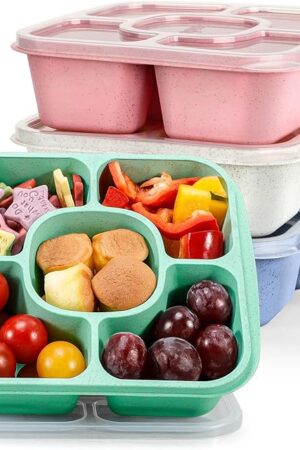 Caperci Original Bento Snack Box and Lunchable Containers for Kids & Adults - 5 Compartment Food Storage Containers for Snacks and Meals, Wheat Straw, BPA-Free, Set of 4 (Multicolor & Clear Lids)