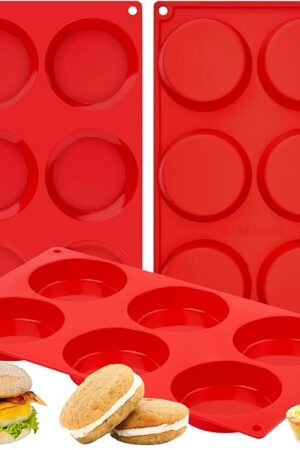 3 Pack Silicone Egg Bite Molds, 3 Inch Round Egg Molds for Breakfast Sandwiches Non-Stick Muffin Top Baking Pans for Eggs Sandwich, English Muffins, Whoopie Pies (Red)