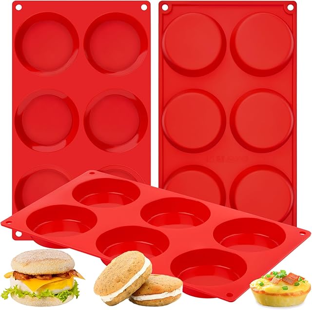 3 Pack Silicone Egg Bite Molds, 3 Inch Round Egg Molds for Breakfast Sandwiches Non-Stick Muffin Top Baking Pans for Eggs Sandwich, English Muffins, Whoopie Pies (Red)