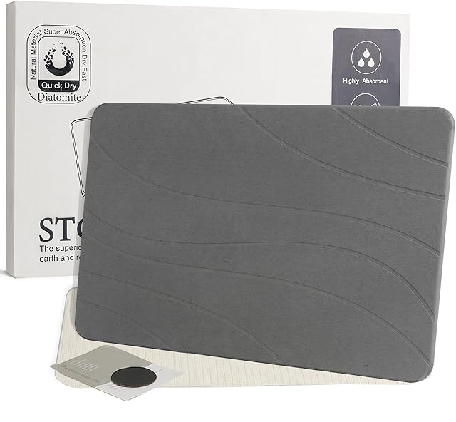 Stone Bath Mat, Quick Drying Bath Mat for Bathroom, Diatomaceous Earth Mat, Quick Dry Shower Mat, Fast Absorbent, Elegant Design, Easy to Clean - Grey 23.6×15.35