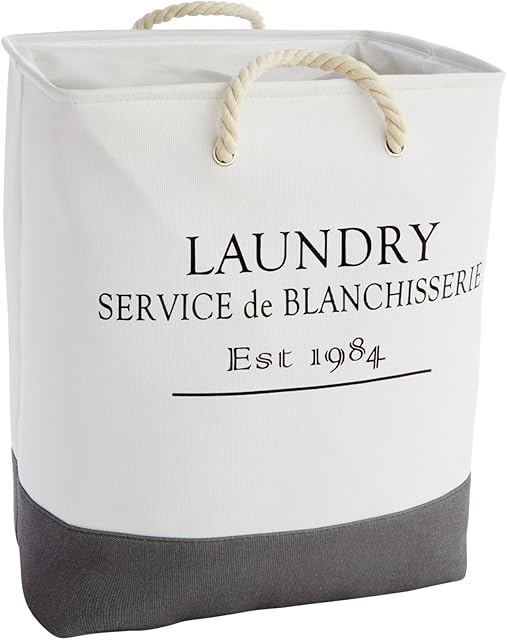 Okuna Outpost Canvas French Laundry Hamper - White and Gray Square Canvas Laundry Basket with Handles for Bathroom and Bedroom - Dry Cleaning Basket for Clothes, 60L (12 x 16 x 19.2 Inches)