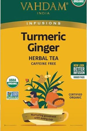 VAHDAM, Organic Turmeric Ginger Herbal Tea Bags (18 Count) Caffeine Free, Gluten Free | 100% Pure Herbal Blend - Earthy & Savory | Eco-Friendly Individually Wrapped Tea Bags | Direct From Source