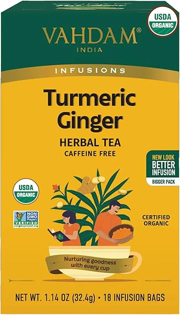 VAHDAM, Organic Turmeric Ginger Herbal Tea Bags (18 Count) Caffeine Free, Gluten Free | 100% Pure Herbal Blend - Earthy & Savory | Eco-Friendly Individually Wrapped Tea Bags | Direct From Source