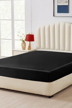 CozyLux Satin Fitted Sheet Queen Size, Black Silky Satin Bed Fitted Sheet Only with Microfiber, Deep Pocket, Single Bottom Sheet Sold Separately, Breathable, Smooth and Soft