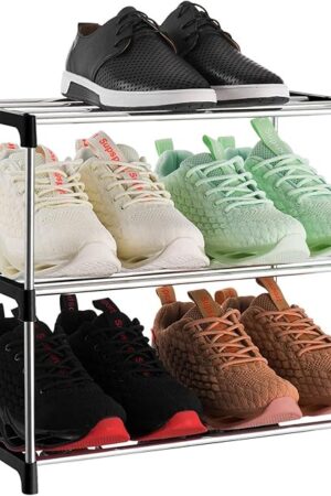 3-Tier Stackable Small Shoe Rack Shoe Shelf Black