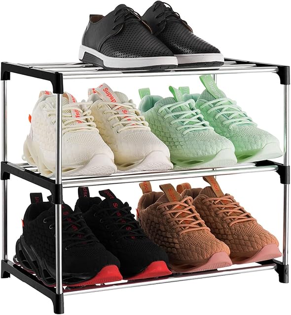 3-Tier Stackable Small Shoe Rack Shoe Shelf Black