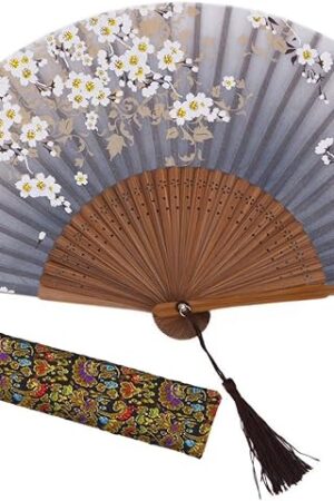 Amajiji Charming Elegant Modern Woman Handmade Bamboo Silk 8.27" (21cm) Folding Pocket Purse Hand Fan, Collapsible Transparent Holding Painted Fan with Silk Pouches/Wrapping. (CZT-06)