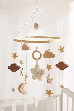 Baby Crib Mobile for Boys Girls| Boho Nursery Mobile| Gender Neutral Hand-Crocheted Mobile| Ceiling Mobile - Stars, Clouds, Moon