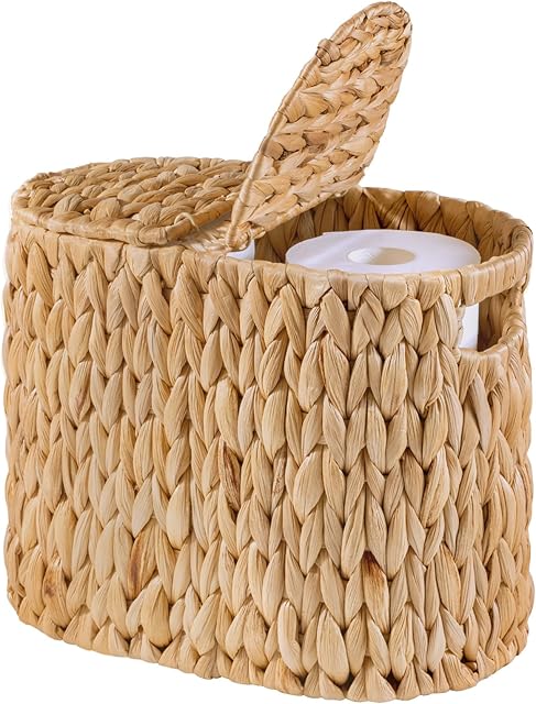 ELONG HOME Toilet Paper Basket with Lid, Water Hyacinth Wicker Toilet Paper Storage Holder for 4 Rolls, Toilet Paper Storage for Bathroom