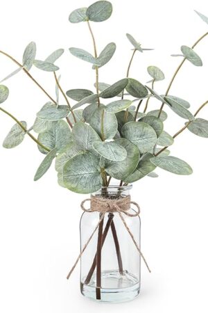 Artificial Eucalyptus Stems in Glass Vase with Faux Water, 13.5? Fake Plants for Home Decor, Coffee Table Centerpieces, Office, Bathroom & Farmhouse Weddings - Faux Greenery Plants Decorations