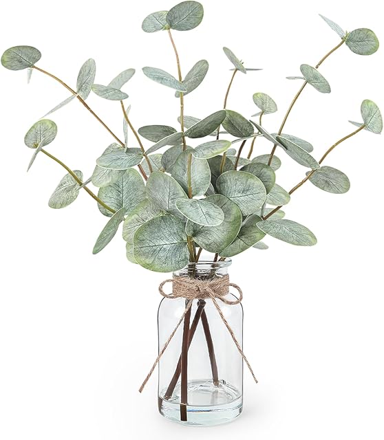 Artificial Eucalyptus Stems in Glass Vase with Faux Water, 13.5? Fake Plants for Home Decor, Coffee Table Centerpieces, Office, Bathroom & Farmhouse Weddings - Faux Greenery Plants Decorations