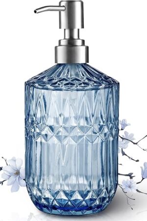 13 Oz Refillable Soap Dispenser, Glass Soap Dispenser for Dispense Hand Soap, Dish Soap, Lotion (Blue)