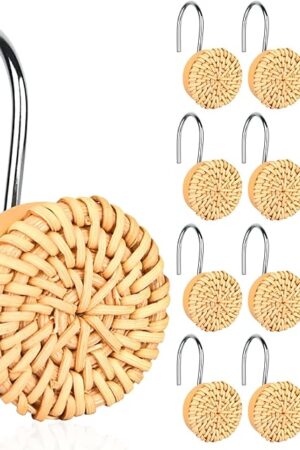 Boho Shower Curtain Hooks Rings,12 Pcs Decorative Shower Shower Rings Woven Wicker Ratten Decorative for Bathroom Farmhouse Shower Curtain Hangers Accessories (Wood Color)