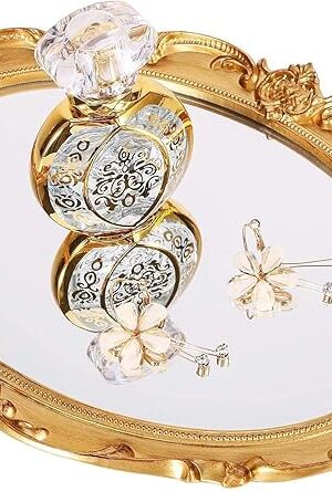 Zosenley Polyresin Ellipse Antique Decorative Mirror Tray, Makeup Organizer, Jewelry Organizer, Serving Tray, 9.8?x 14.6?, Gold