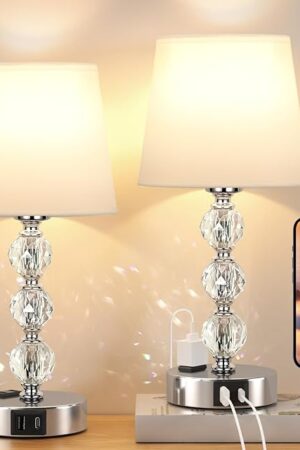 Acaxin 14.6'' Bedside Lamps for bedrooms Set of 2 - Mini Crystal Table Lamps with USB A+C Charging Ports and AC Outlet, 3 Way Dimmable Touch Control Silver Bed Side Nightstand Lamp