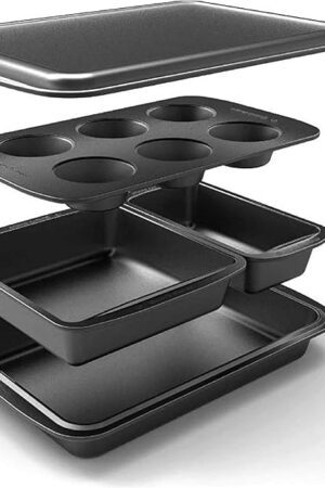 Baker's Secret Stackable Baking Set of 5 Bakeware Pans, Bakeware Set, Baking Pan Set Includes Muffin Pan, Roaster Pan, Square Pan, Cookie Sheet, Loaf Pan, Easy Store, Dishwasher Safe, Baking Supplies