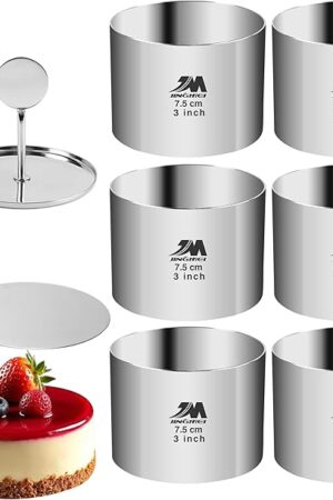 6 Pack Round Cake Ring Molds, Seamless Stainless Steel Cake Cutter with Pusher & Lifter, 3-Inch Dessert Mousse Rings for Baking (Includes 1 Pusher, 1 Lifter and 6 Rings)