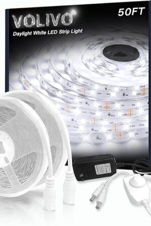 VOLIVO White LED Strip Lights, 50ft Dimmable 24V LED Lights 6500K Bright Daylight White, Strong Adhesive, Flexible Tape Light for Mirror, Kitchen Cabinets, Bedroom