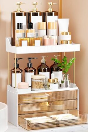 3 Drawers Makeup Organizer - 5 Tier Bathroom Organizers and Storage, Versatile Perfume Vanity Organizer, Ideal for Cosmetic, Large Skincare, Face Mask, Office Supplies, Amber