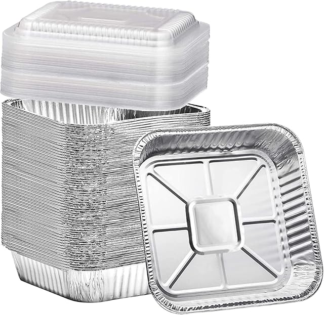 (35 Pack) 8x8 Square Aluminum Baking Cake Pans with Clear Plastic Lids - Foil Pans with Lids - Disposable Food Containers Great for Cooking, Heating, Storing, Prepping Food