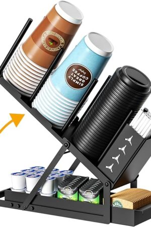 Cup and Lid Holder with Straw Organizer Coffee Station Organizer, Metal Cup Dispenser 5 Compartment Coffee Cup Holder for Coffee Bar Accessories, Disposable Paper Cups, Plastic Cups, Lids