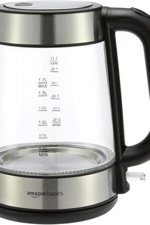 Amazon Basics Electric Kettle with Glass Carafe for Tea and Coffee, BPA-Free, Fast Boiling, Auto Shut-Off, 1.8 Quarts, 1500W, Black and Silver