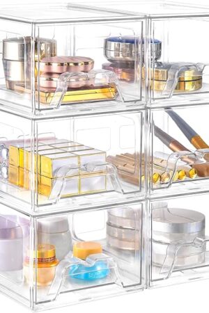 6 Pack Stackable Makeup Organizer, 4.4'' Tall Acrylic Bathroom Makeup Organizer and Storage Drawer with Pull-out Handle, Clear Plastic Storage Bins for Vanity,Pantry,Desk,Undersink,Kitchen