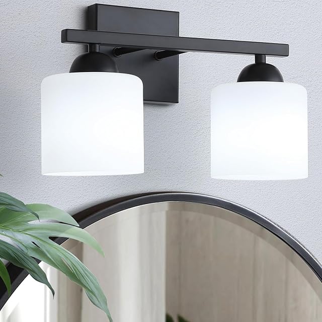 2-Light Matte Black Vanity Light Modern Bathroom Light Fixtures Wall Sconce Milky White Glass Shades Farmhouse