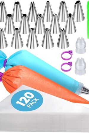 150 Pcs Piping Bags and Tips Set, Cakes Decorating Kit Supplies with 120 Pcs 12 Inch Piping Bags, 1 Reusable Pastry Bags, 18 Tips, 2 Couplers, 2 Bags Ties, 3 Clips, 1 Scriber Needle, 3 Cake Scraper