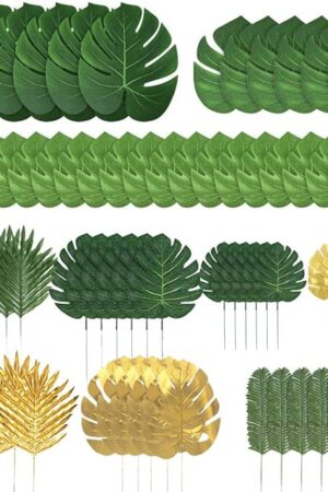 72 Pieces 10 Kinds Artificial Palm Leaves Golden Tropical Leaves with Stems Jungle Leaves Decorations for Hawaiian Luau Party Beach Baby Shower Wedding Birthday