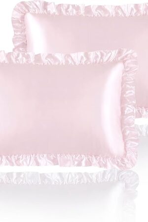 Blush Pink Satin Ruffled Pillow Cases for Hair and Skin,Blush Pink Silk Pillowcases Standard Set of 2 with Envelope Closure Princess Room Decoration
