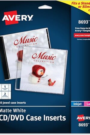 Avery Printable CD Jewel Case Inserts, Matte White, Laser & Inkjet Printer Compatible, 20 Standard and Slimline Inserts, Ideal for CDs, DVDs, Presentations, Portfolios, and More (8693)