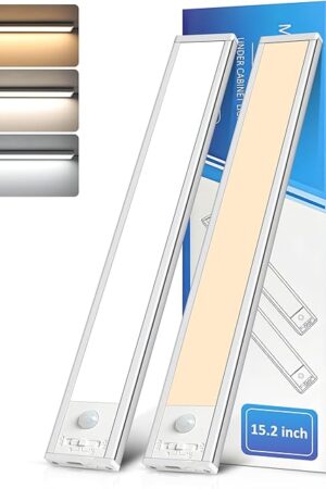 Ascher 15.2inch Under Cabinet Lights, 3000mAh Rechargeable Motion Sensor Light indoor, 3 Color Temperatures & Stepless Dimmable Closet Lights, Magnetic Under Counter Light for Kitchen, Silver - 2 Pack
