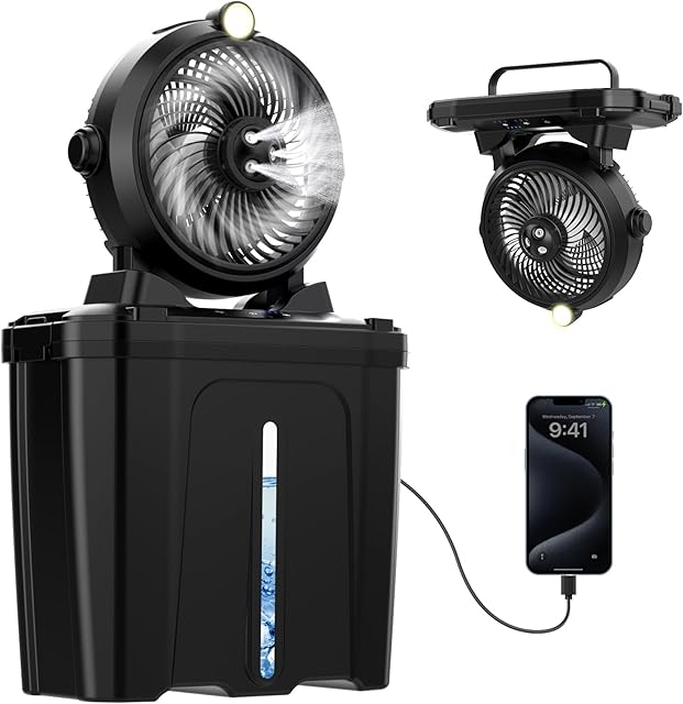 Misting Fan Portable with 11L Bucket for Outdoor Patio, 20000mAh USB Rechargeable Battery Camping Fan, 3 Powerful Wind Speeds, 3 Spray Nozzles, Hanging & Lighting Mister Cooling Fans for Picnic