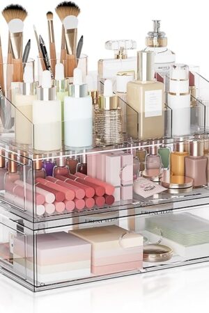 Clear Stackable Makeup Organizer with Drawer, 12''W Acrylic Storage Drawers, Cosmetic Display Case for Vanity Bathroom Countertop, Beauty Holder for Lipstick Brush Skincare Perfume