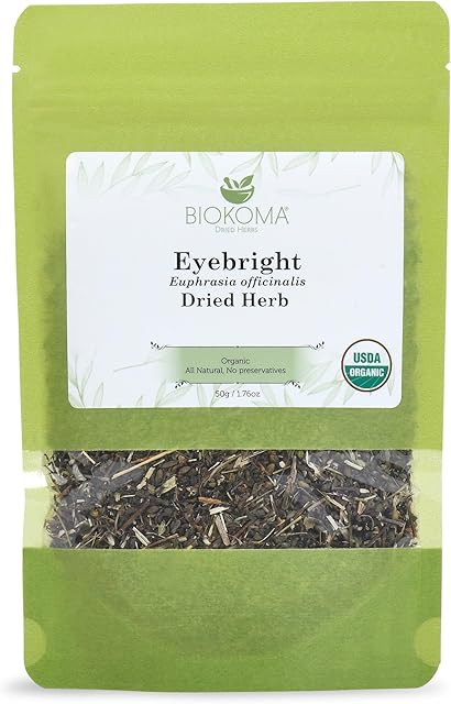 Biokoma Pure and Organic Eyebright Dried Herb 50g (1.76oz) in Resealable Moisture Proof Pouch, USDA Certified Organic - Herbal Tea, No Additives, No Preservatives, No GMO, Kosher