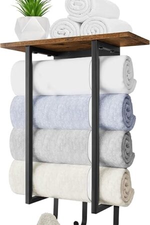 ELITEROO Towel Racks for Bathroom Wall Mounted, Towel Holder with Wooden Shelf and 3 Hooks for Washcloths Hand Towel, Bath Towel Storage Organizer for Small Bathroom, RV, Rustic Brown